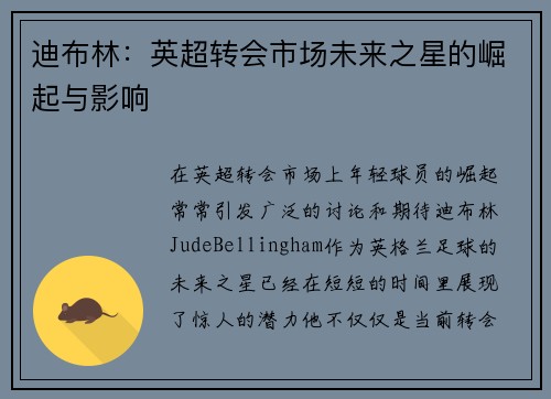 迪布林:英超转会市场未来之星的崛起与影响 迪布林:英超转会市场未来之星的崛起与影响