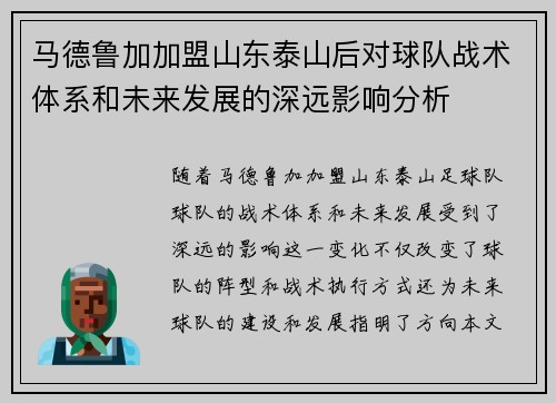 马德鲁加加盟山东泰山后对球队战术体系和未来发展的深远影响分析